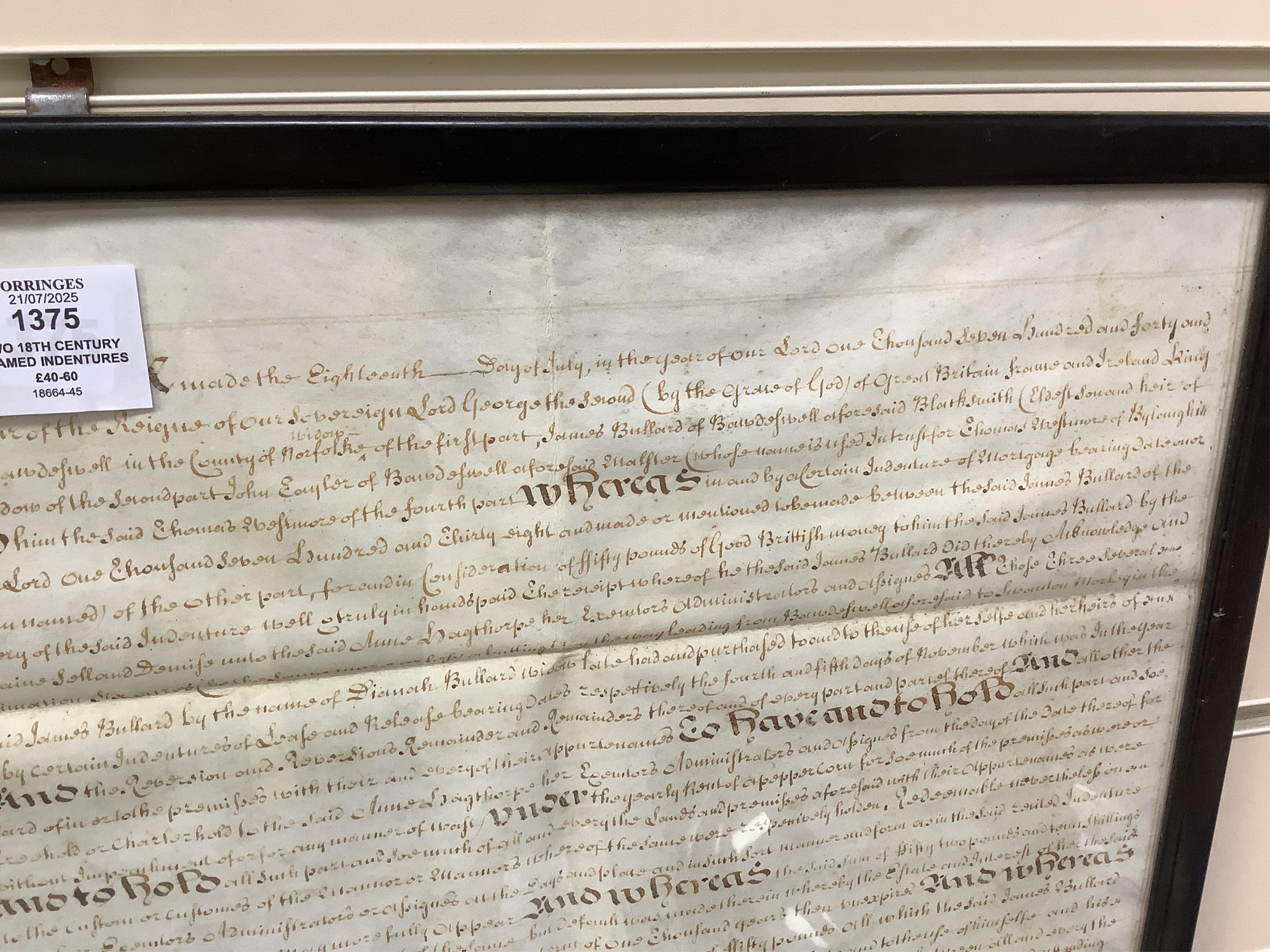 Two 18th century framed indentures